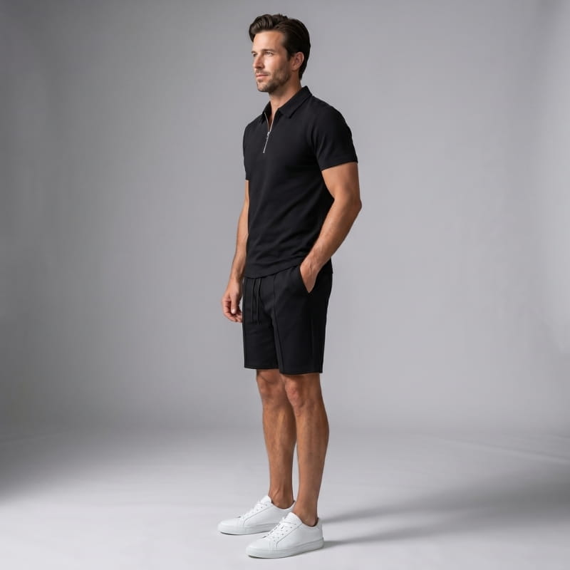 Dante Stretch Polo Shirt & Shorts Set – Zip-Neck Drawstring Matching Athletic Casual Outfit
