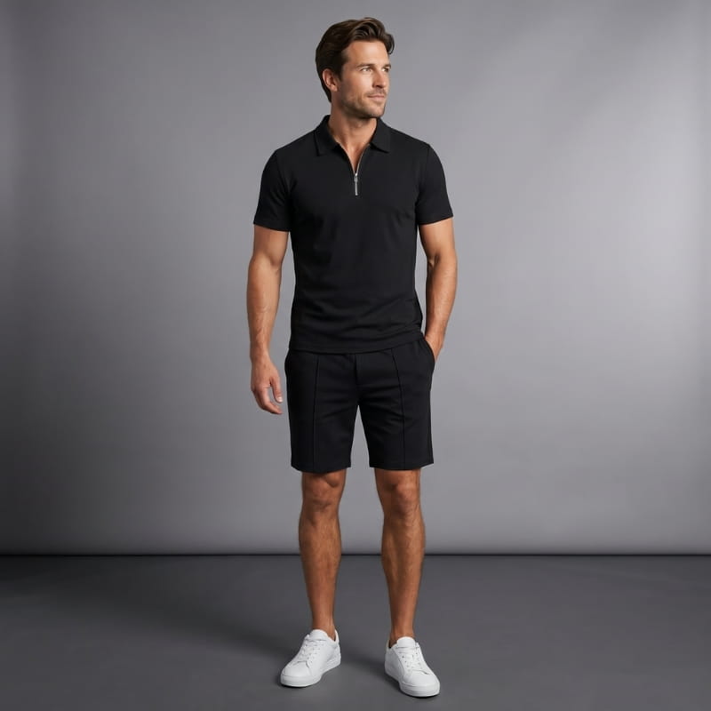 Dante Stretch Polo Shirt & Shorts Set – Zip-Neck Drawstring Matching Athletic Casual Outfit