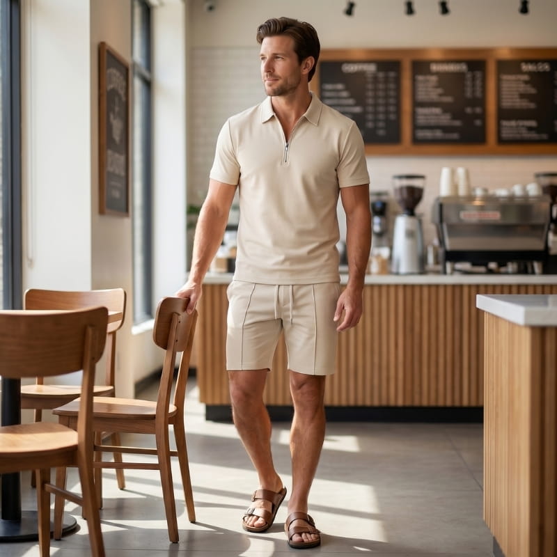 Dante Stretch Polo Shirt & Shorts Set – Zip-Neck Drawstring Matching Athletic Casual Outfit