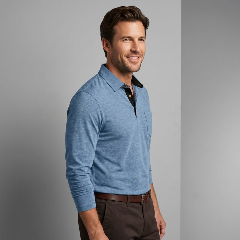 Lorenzo Cotton Blend Long Sleeve Polo Shirt – Classic Fit Chest Pocket Casual Top