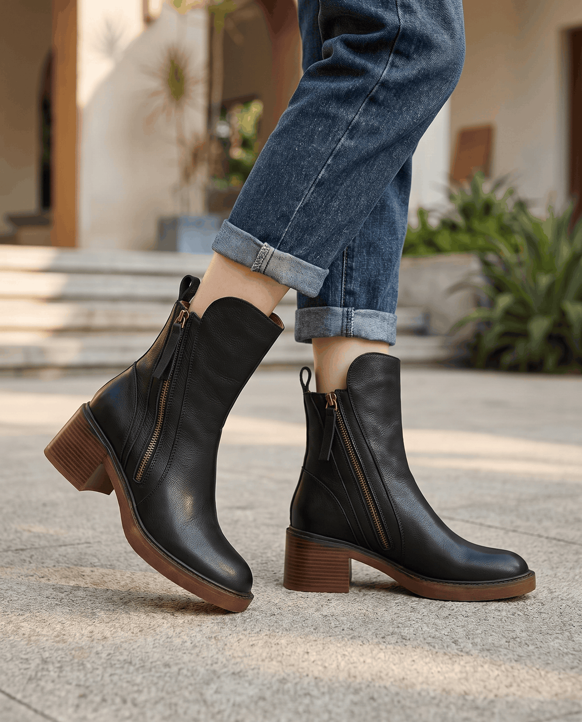Woman walking in black block heel ankle boots with blue jeans outdoors