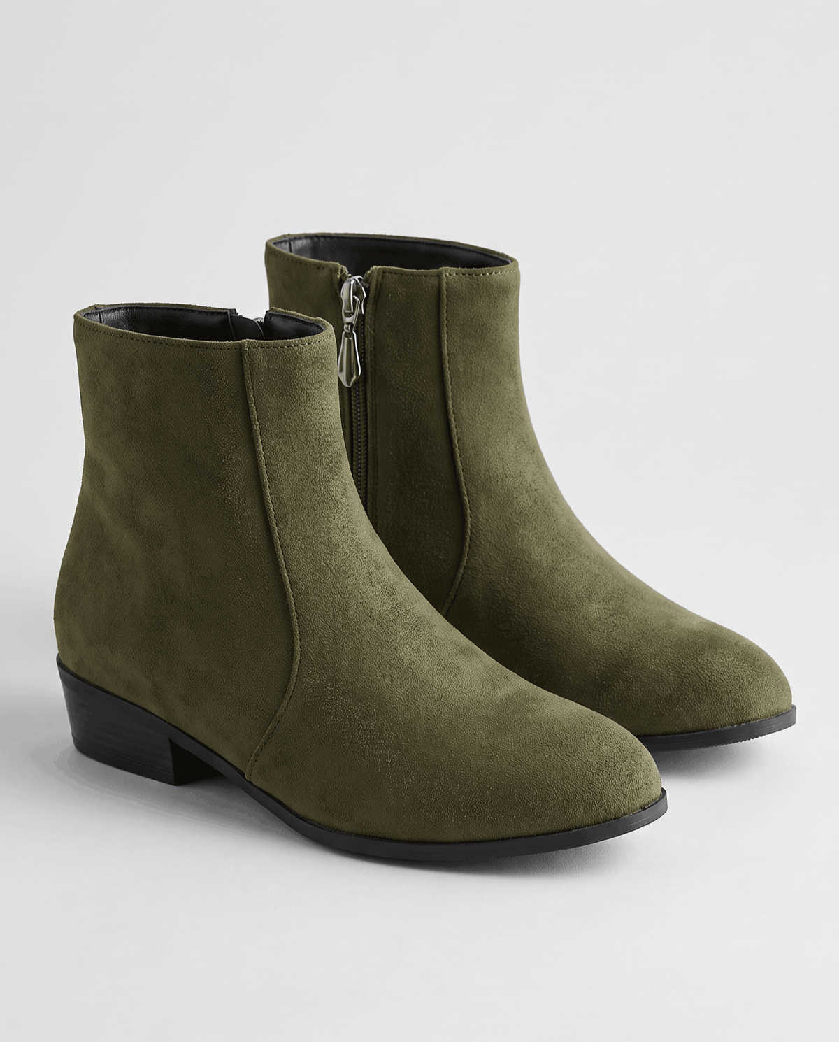 Pair of olive green suede-look ankle boots with low block heel