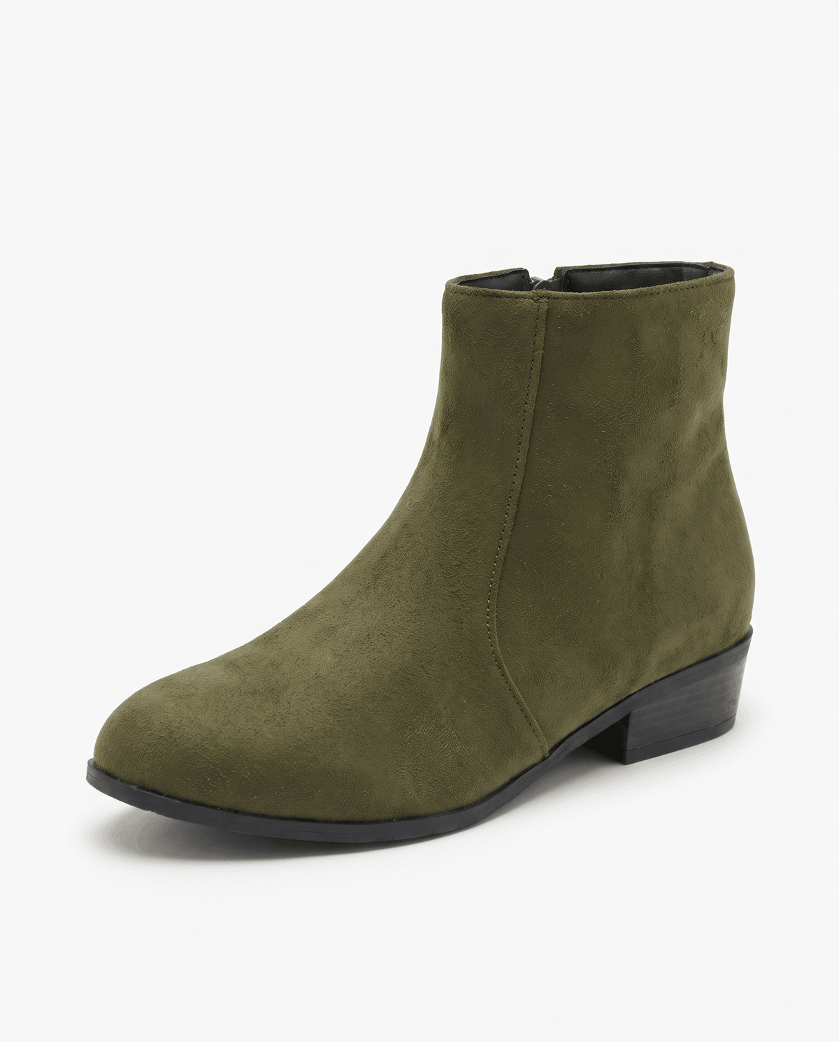 Single olive green suede-look ankle boot in three-quarter view