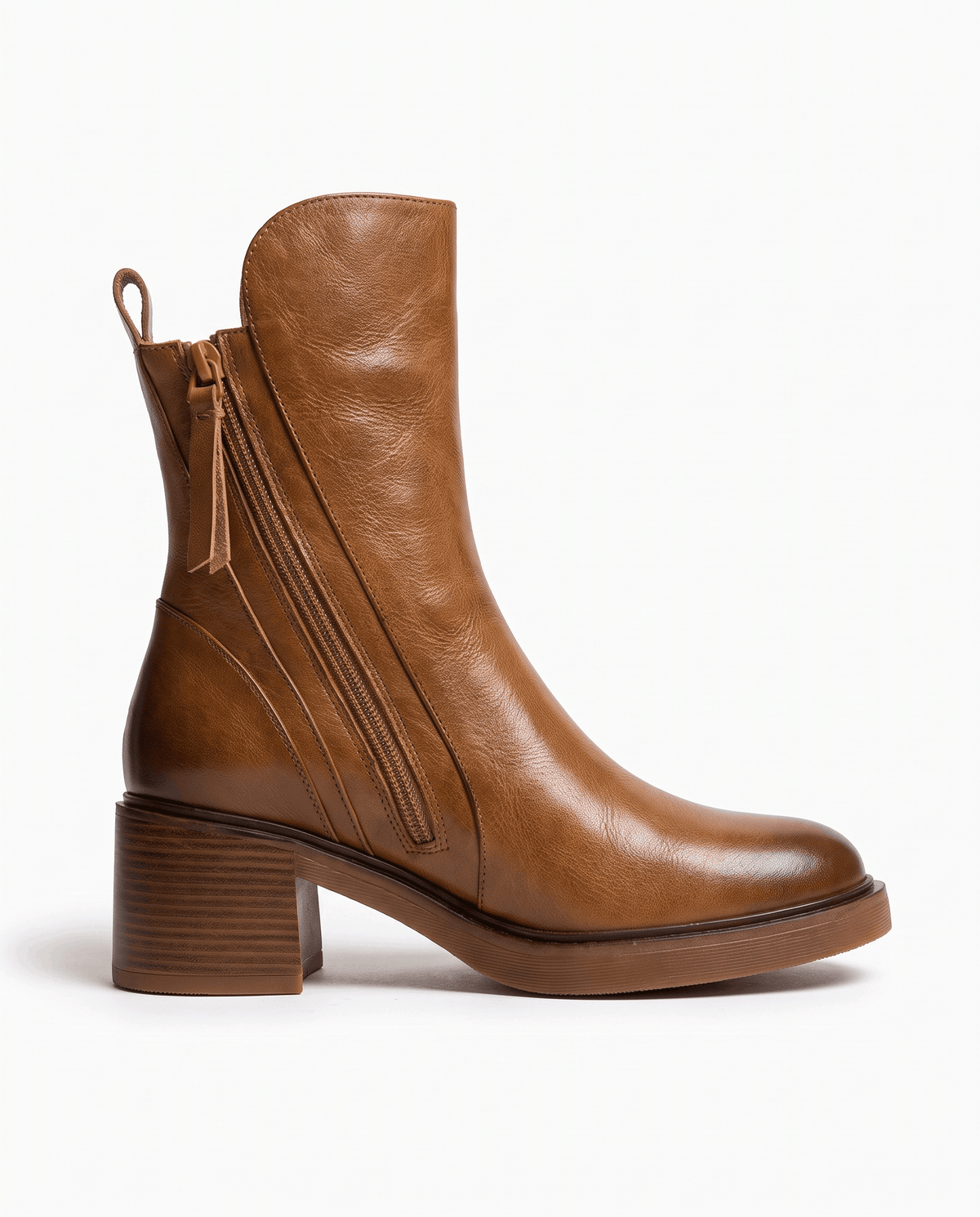 Side view of a brown block heel ankle boot showing the side zip and stacked heel