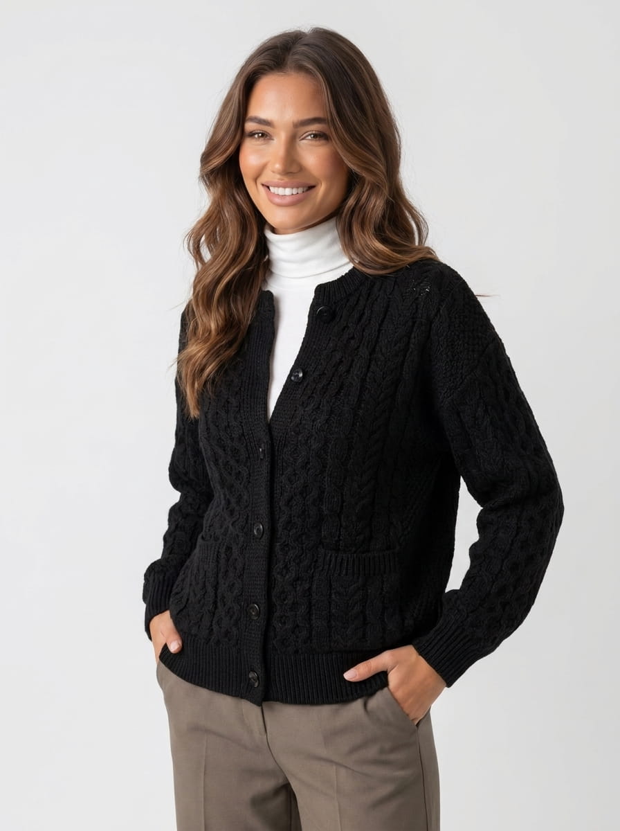 Women's black cable-knit button cardigan worn over a white turtleneck with taupe trousers