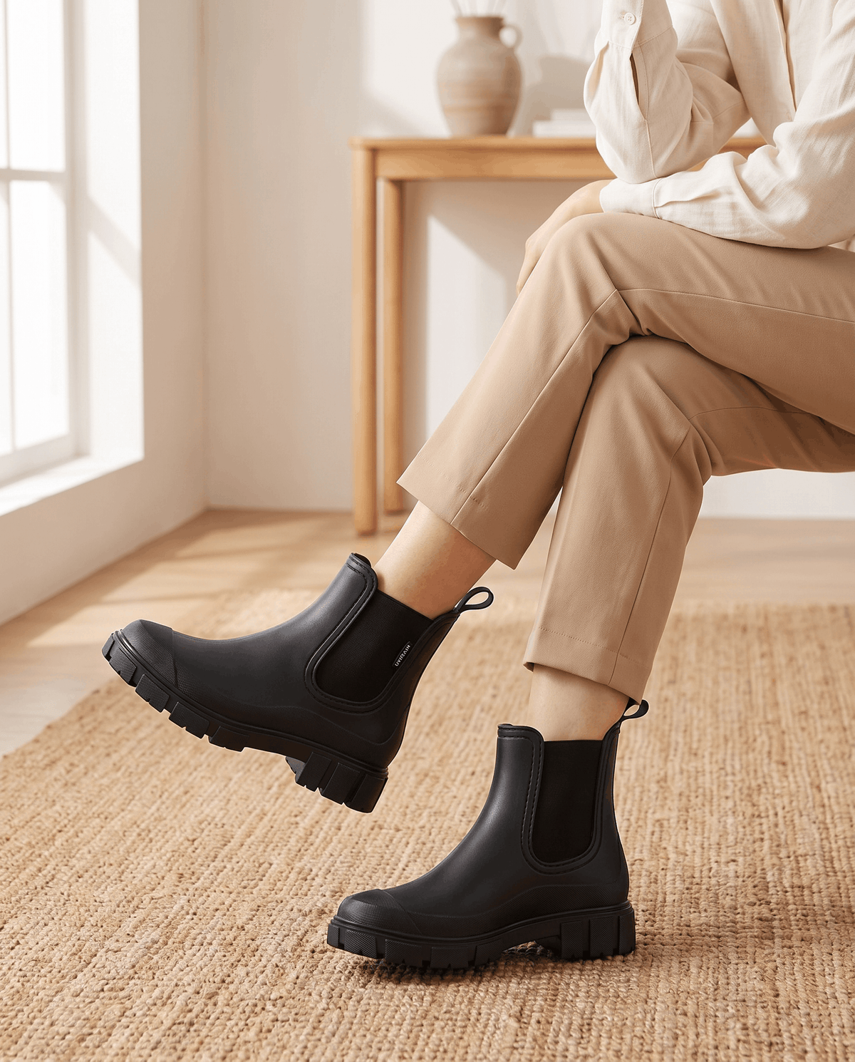 Person wearing black Chelsea ankle boots with beige trousers indoors.