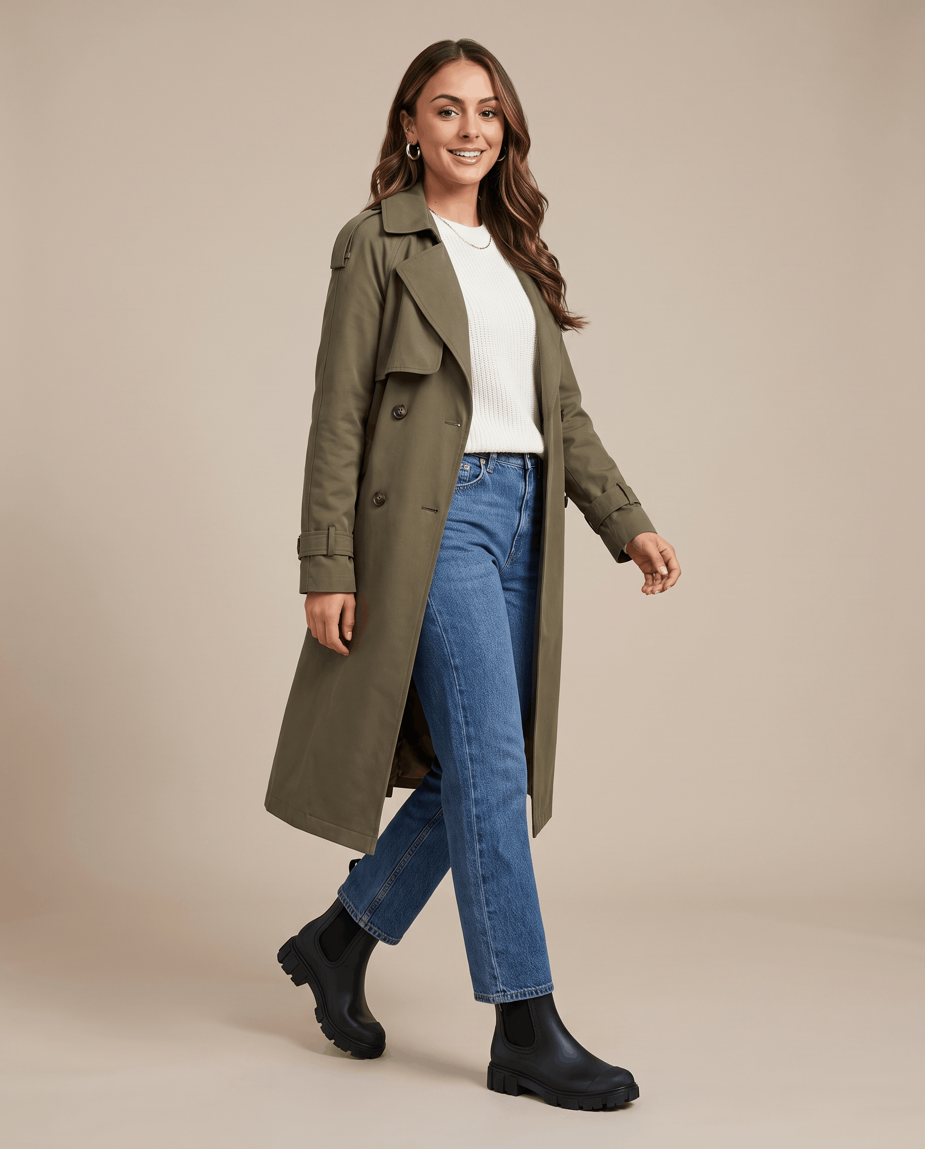 Woman wearing black Chelsea ankle boots with a green coat and blue jeans