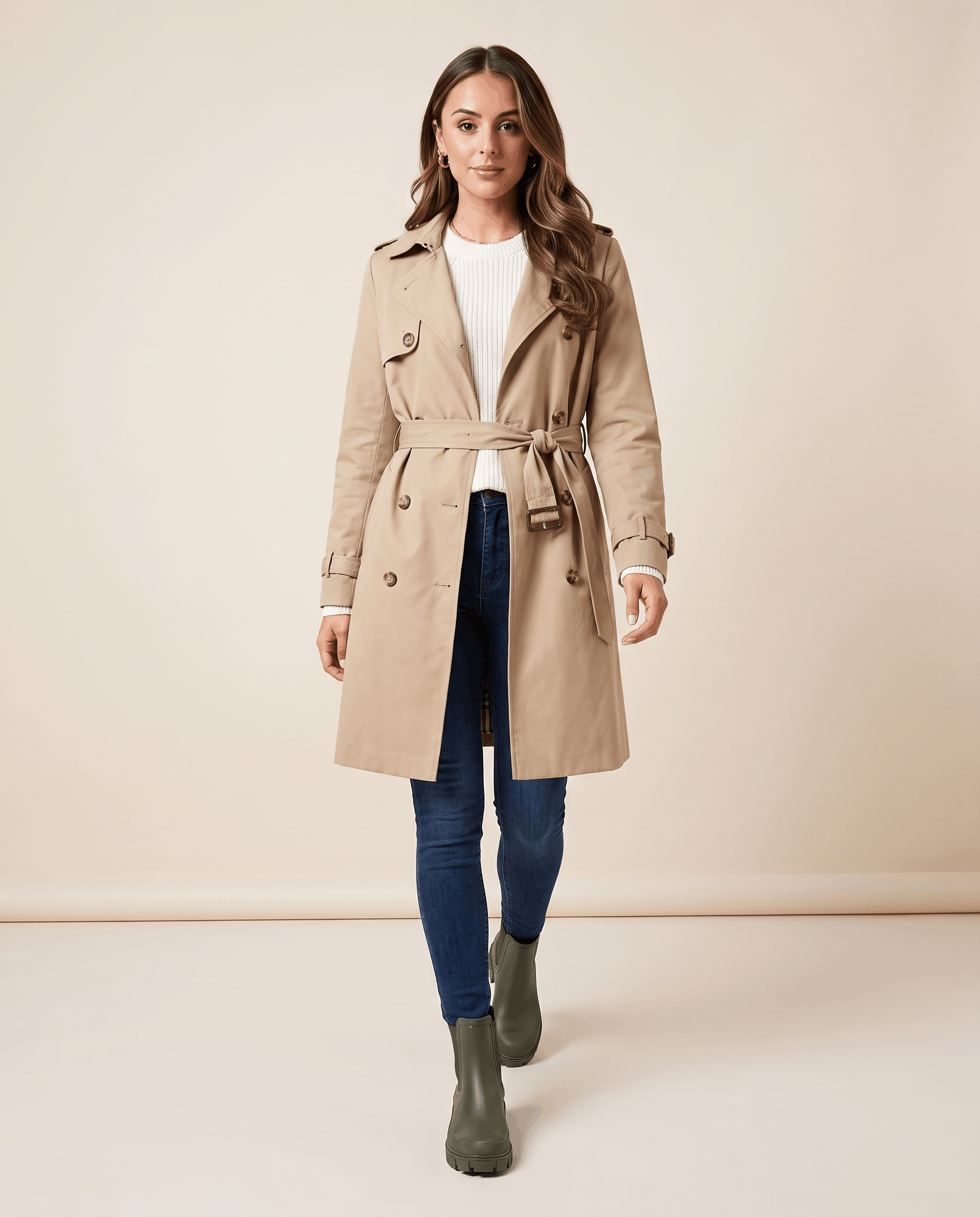 Woman wearing olive green Chelsea boots with a beige trench coat.