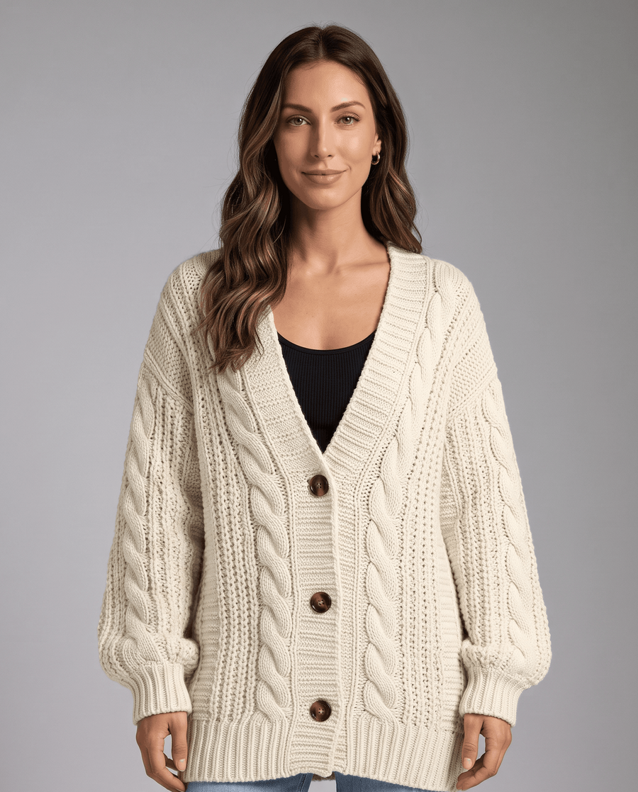 Women's Chunky Cable Knit Cardigan – Wool, V-Neck & Pockets | Lindy