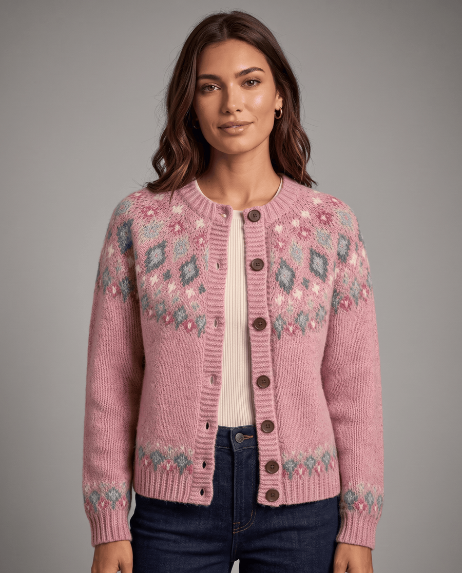 Women's Fair Isle Cardigan – Patterned Yoke & Crew Neck | Britta