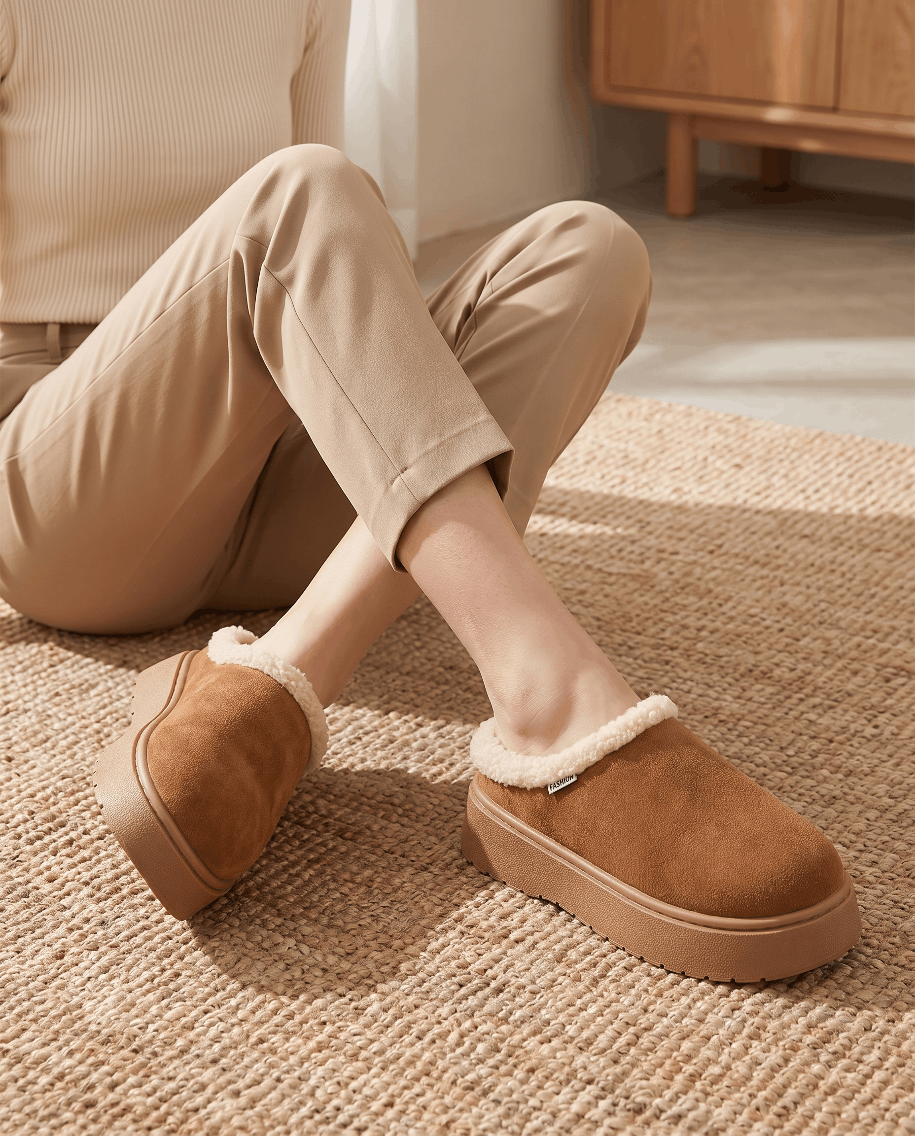 Person wearing brown fleece-lined slippers with shearling-look cuffs while seated indoors.