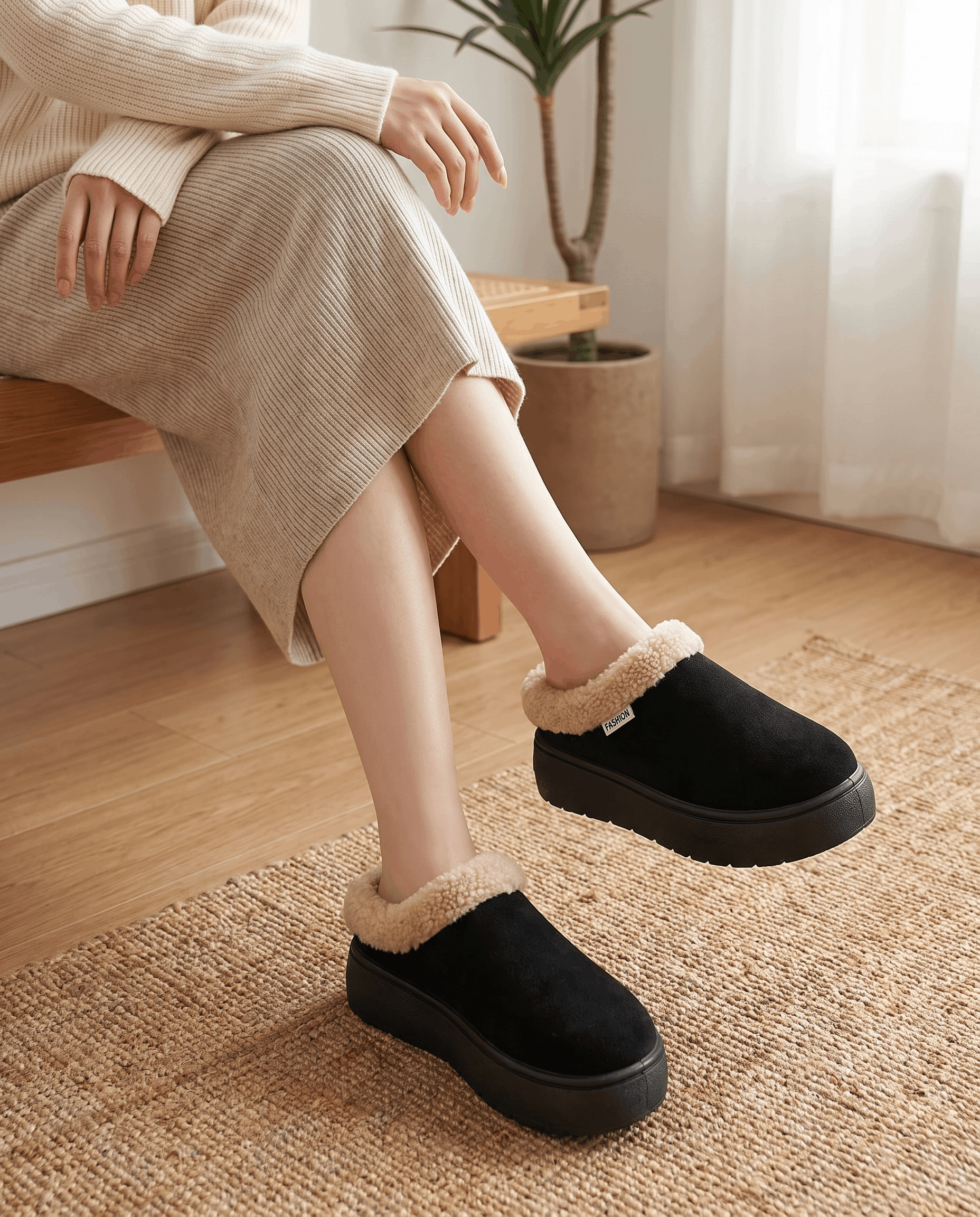 Person wearing black fleece-lined slippers with shearling-look cuffs indoors.