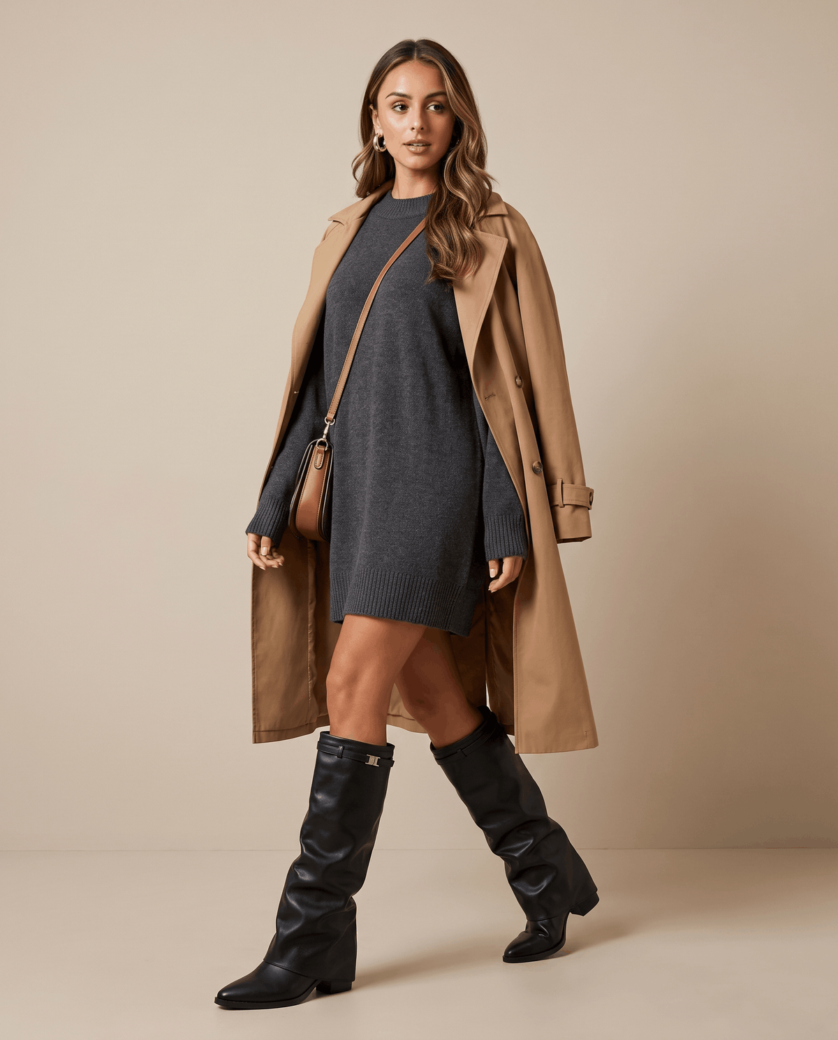 Woman in a camel trench coat and gray sweater dress wearing black boots