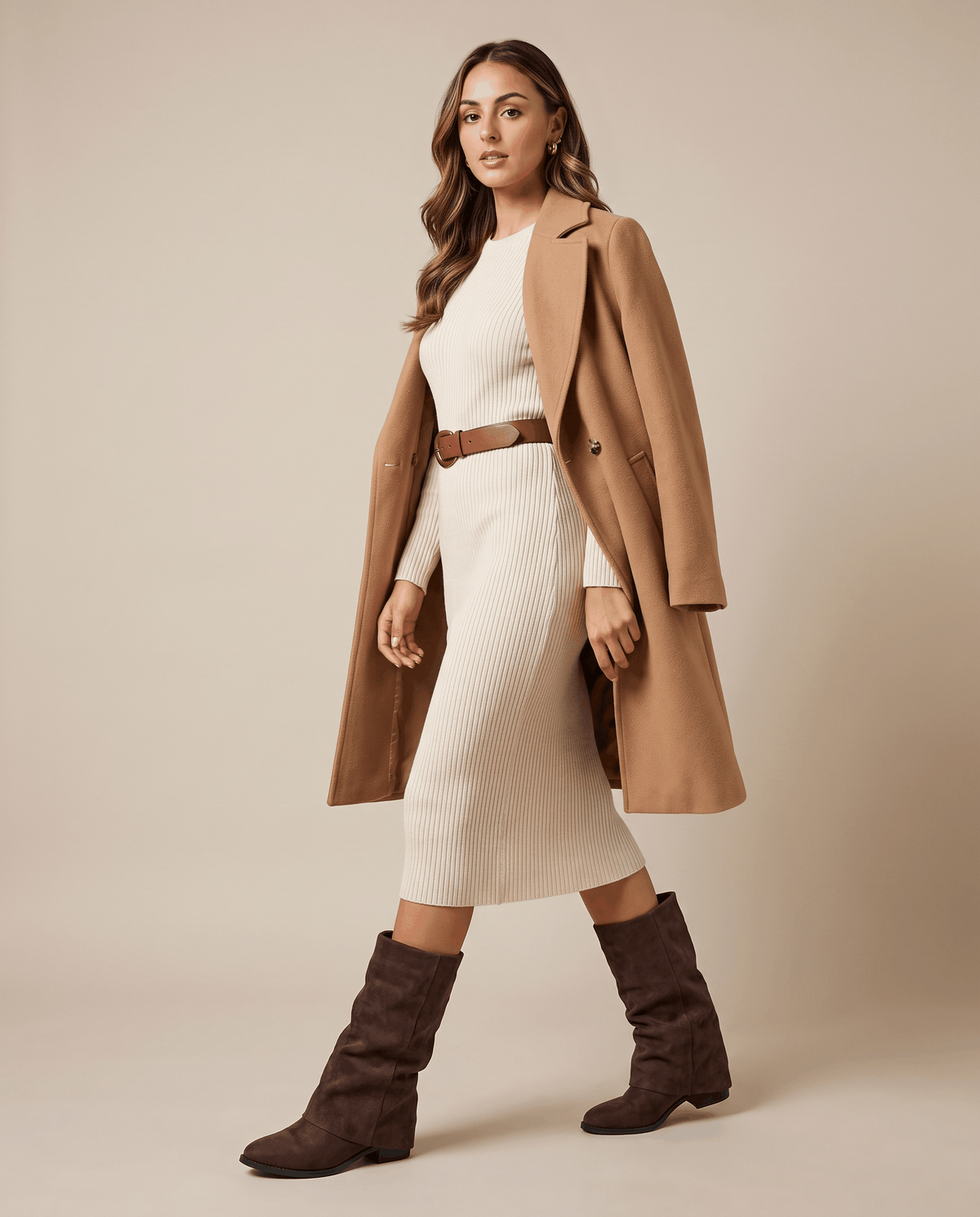 Woman in a camel coat and cream knit dress wearing brown fold-over boots