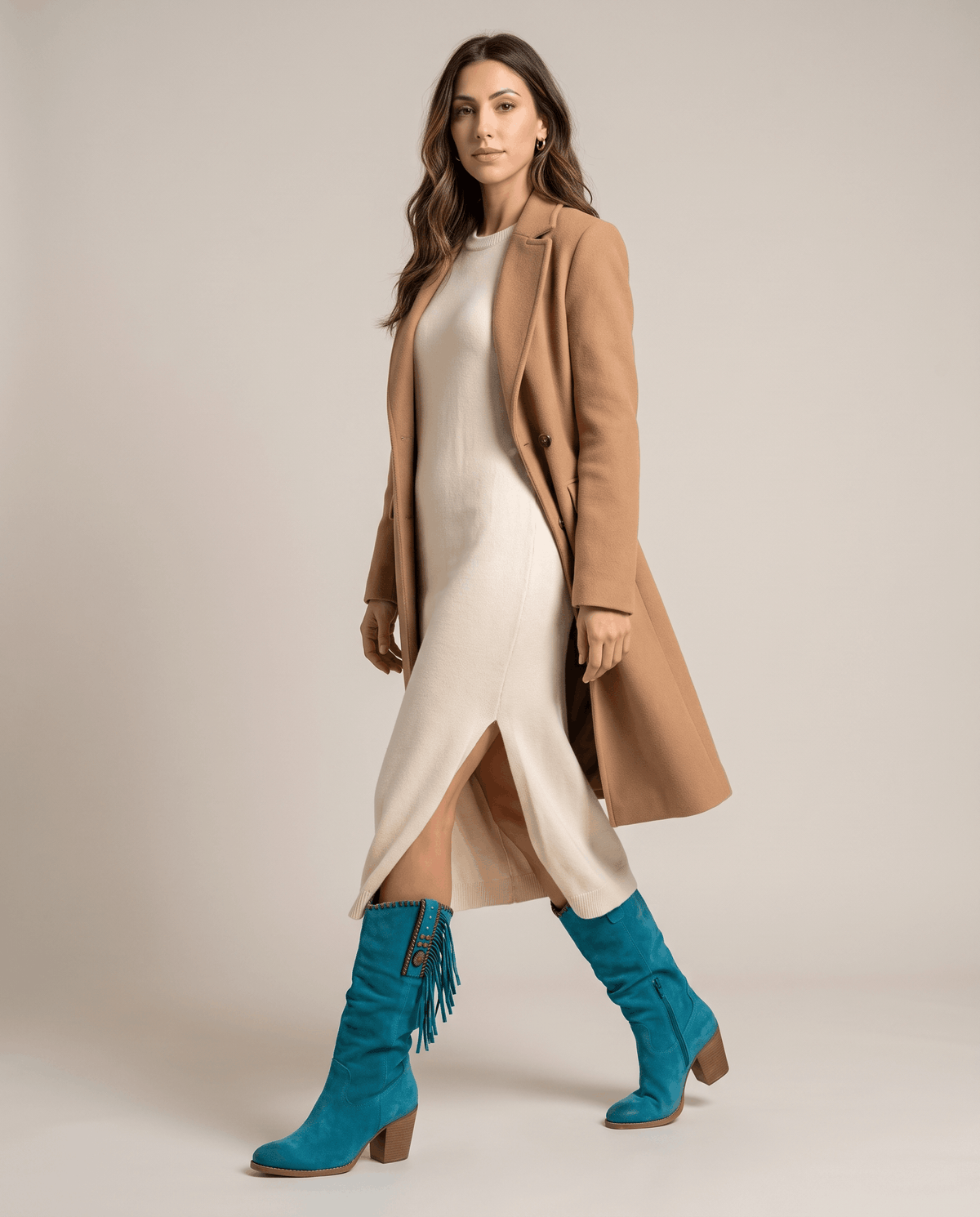 Woman in a camel coat and cream knit dress styled with blue fringe boots