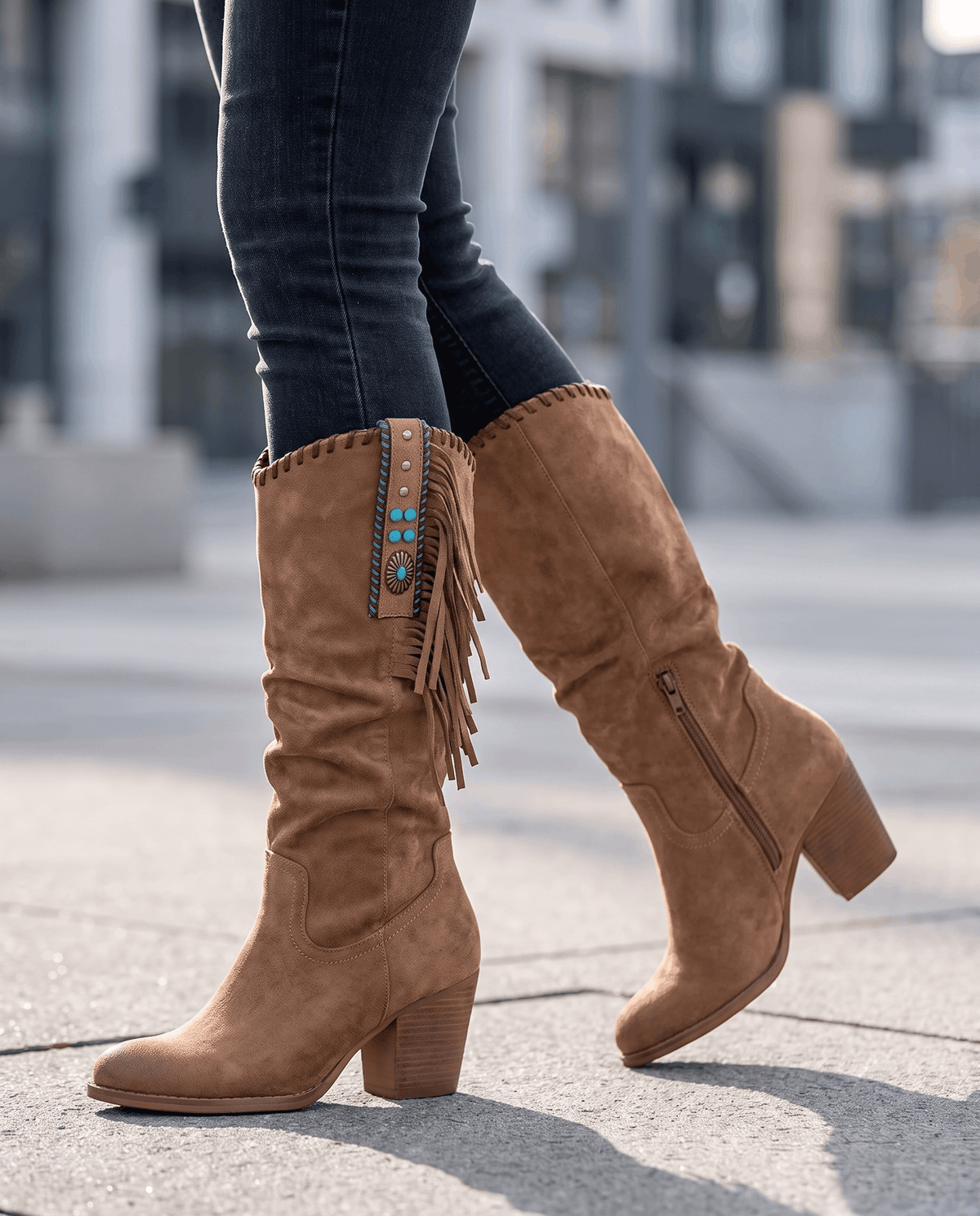Brown fringe boots worn walking on a city sidewalk with dark tucked jeans