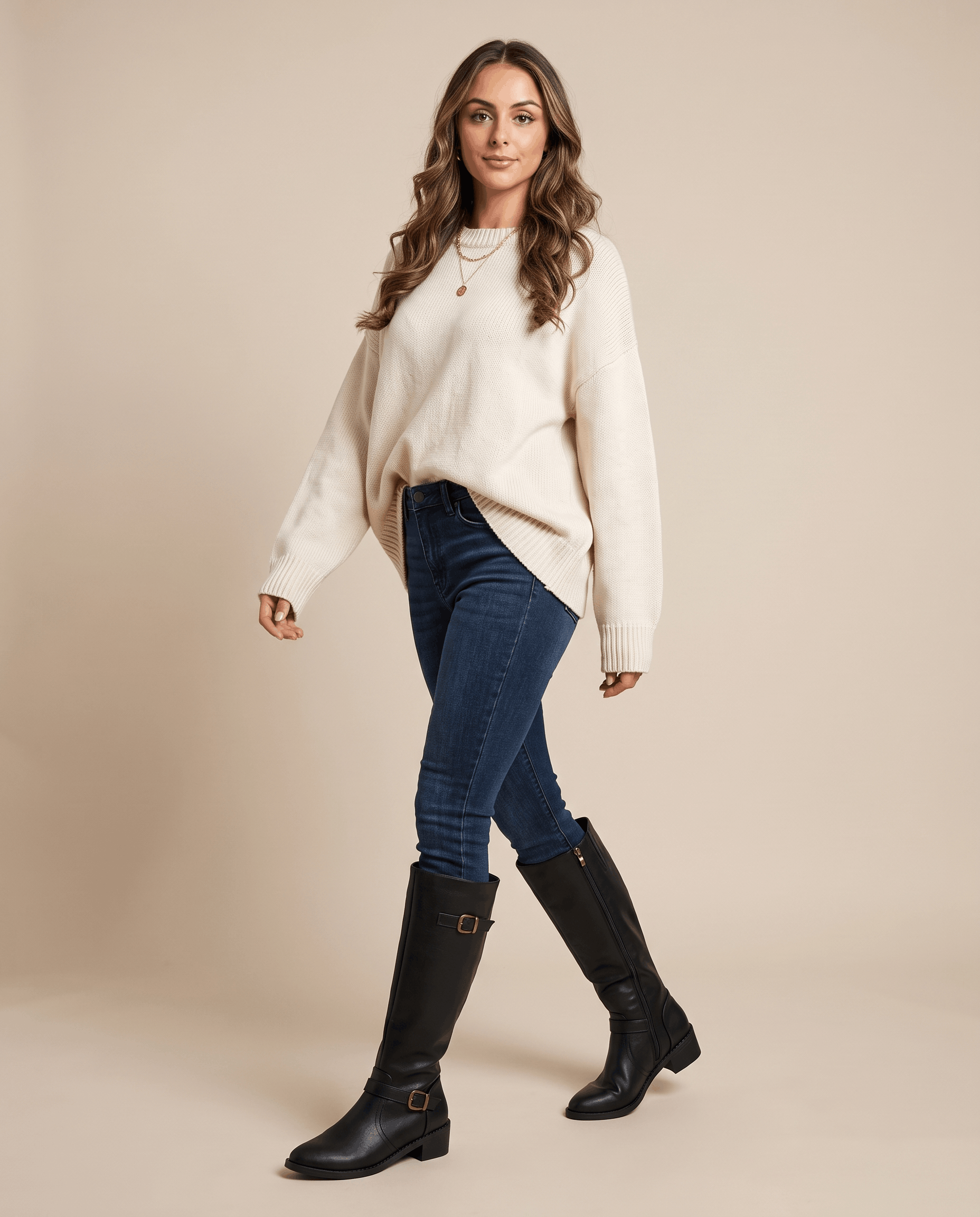 Knee-high black riding boots with antique brass buckles, structured shaft, and a stacked block heel worn with jeans.