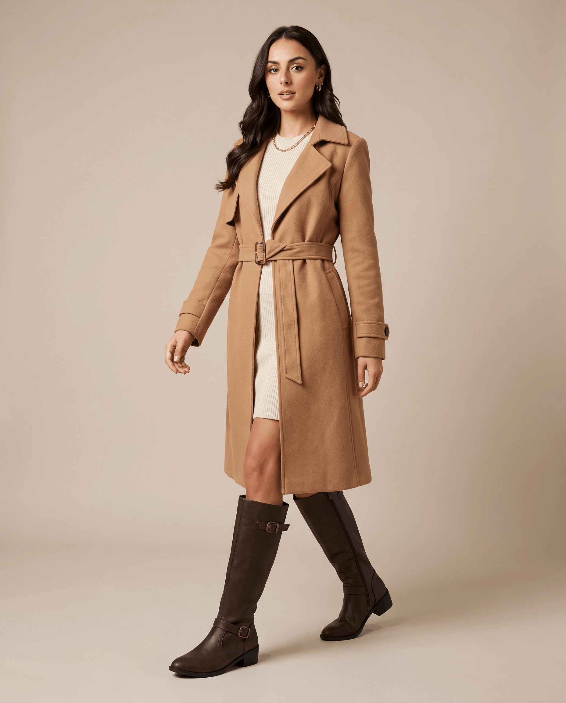 Knee-high dark brown riding boots with antique brass buckle straps, pointed toe, and stacked block heel worn with a trench coat.