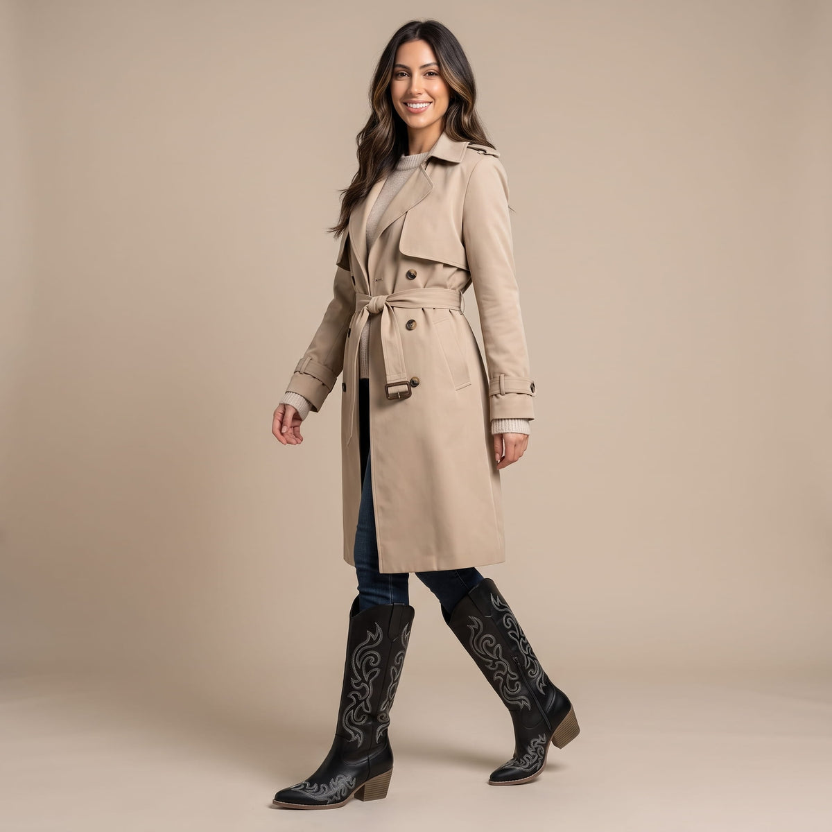 Woman in a beige trench coat styled with black cowboy boots