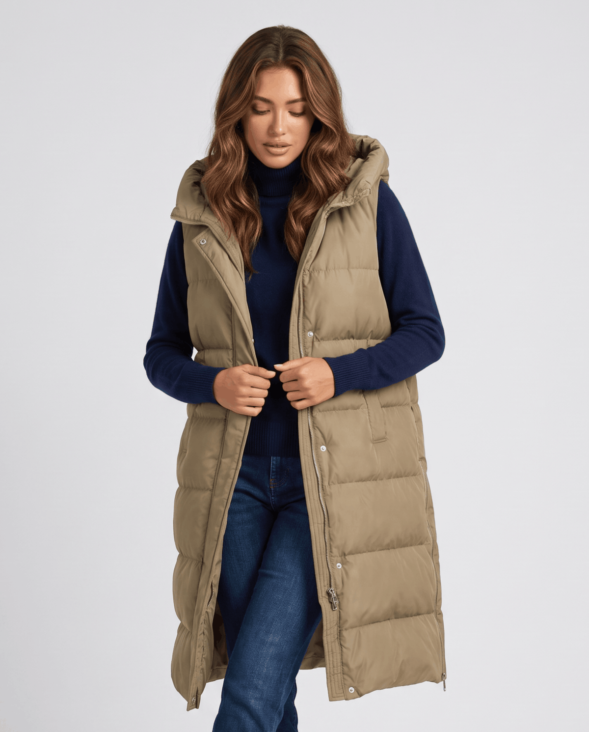 Khaki long quilted hooded vest with hands at the front placket