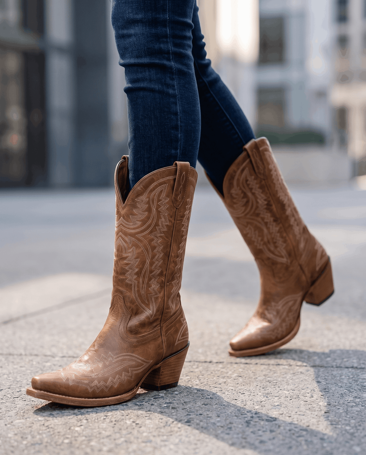 Brown western boots worn walking on a city street with tucked blue jeans