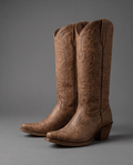 Pair of dark brown mid-calf leather cowboy boots with tonal embroidery, pointed toe and stacked heel