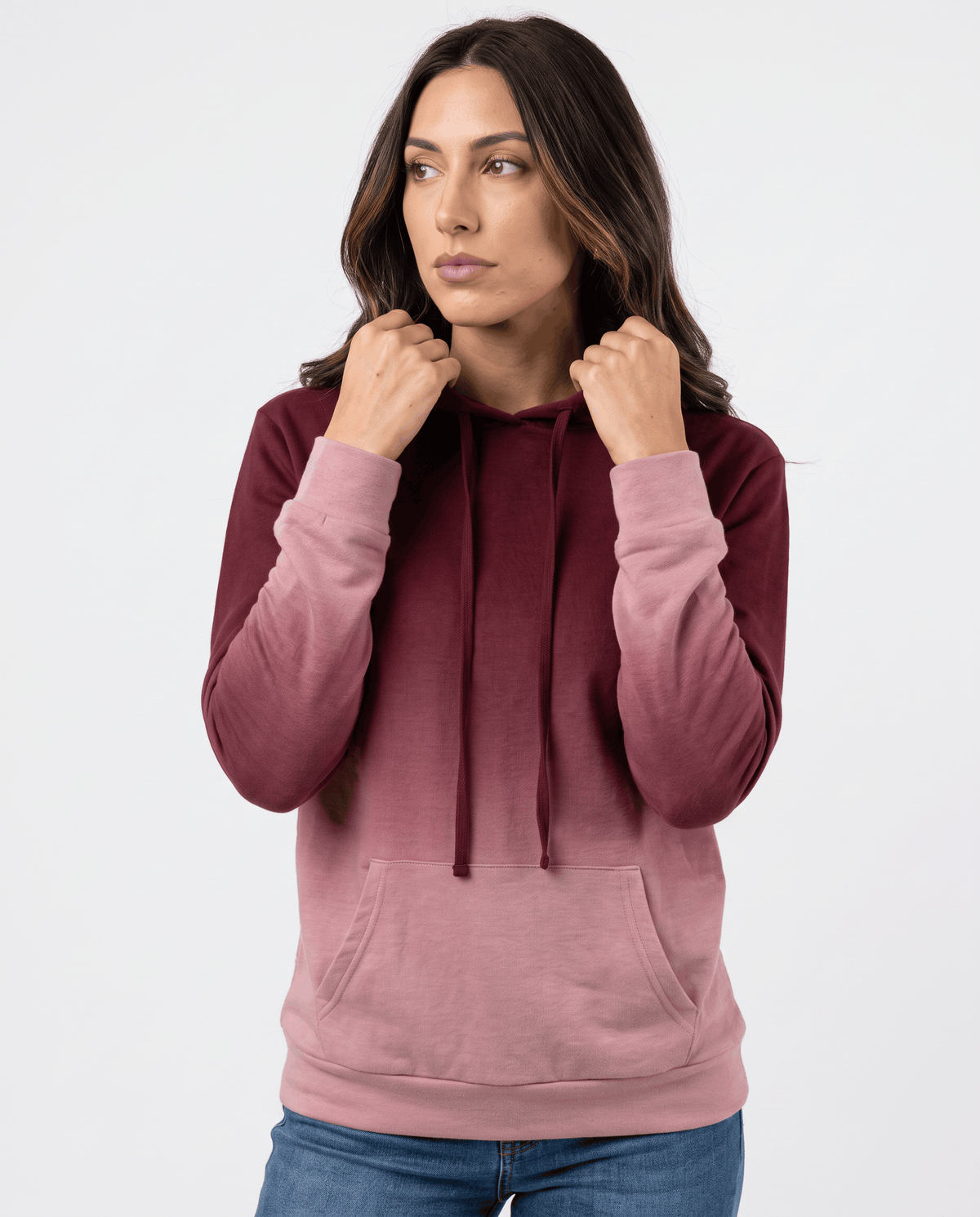 Burgundy gradient hoodie with drawstring hood and kangaroo pocket worn with jeans, front view
