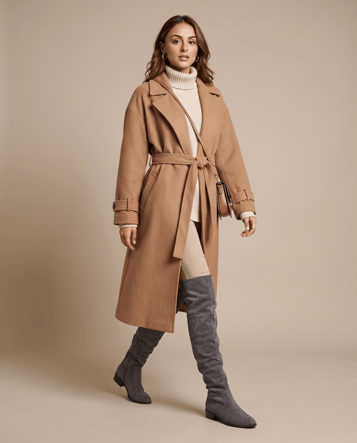 Woman in a camel coat and cream turtleneck styled with gray suede boots