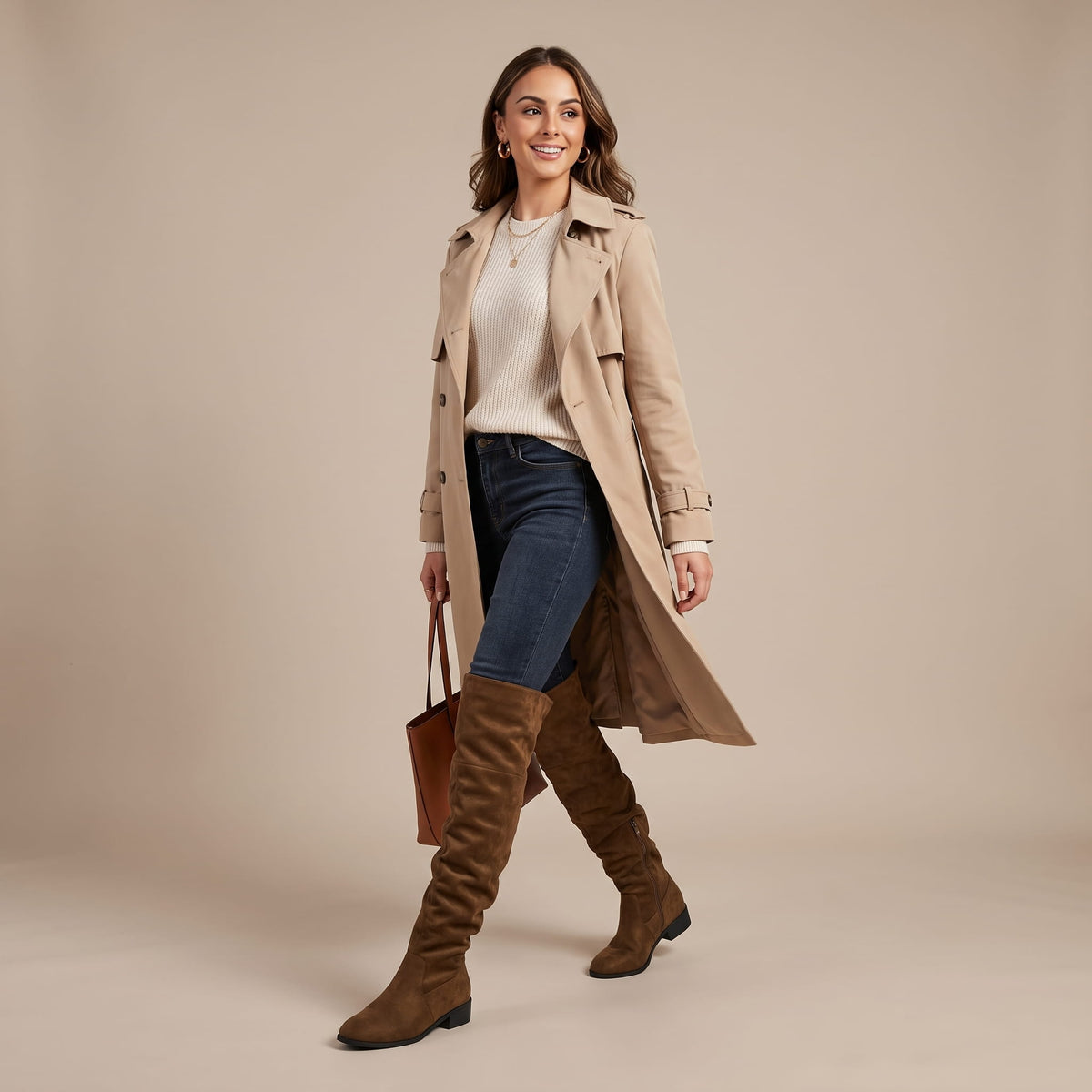 Woman in a beige trench coat and jeans wearing olive brown slouch boots
