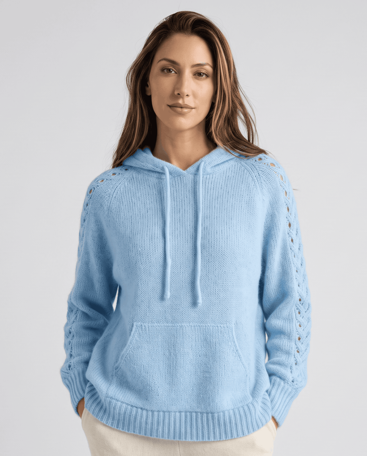 Light blue hooded sweater with drawstring and front pocket, front view