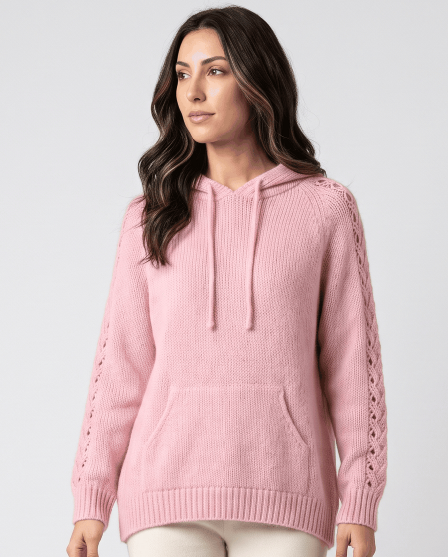 Women's Hooded Sweater – Oversized Fluffy Open-Stitch Knit & Drawstring Hood | Ada