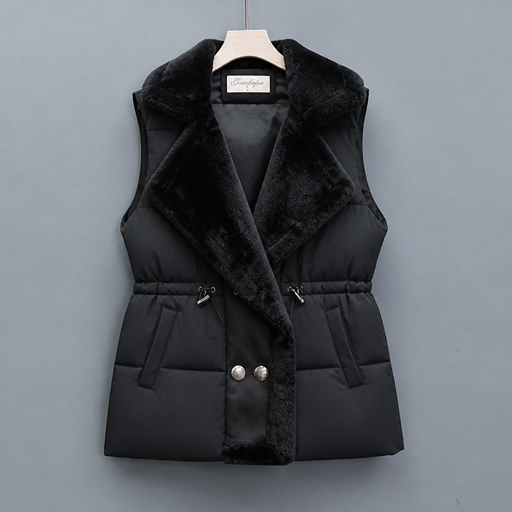 Black padded vest with plush collar and button front on a hanger