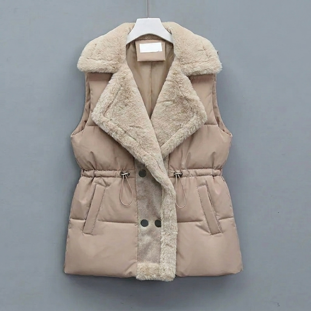 Brown padded vest with plush collar and drawstring waist on a hanger