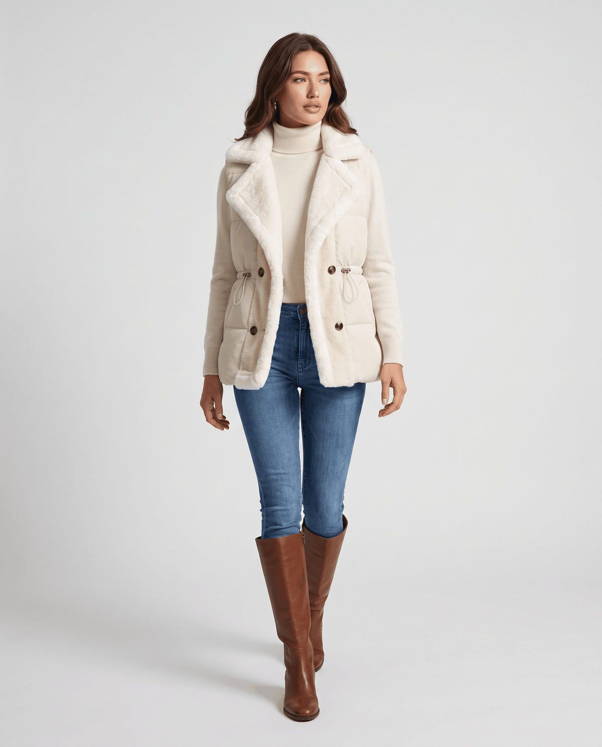 Full-length look with ivory padded vest and plush collar on a model