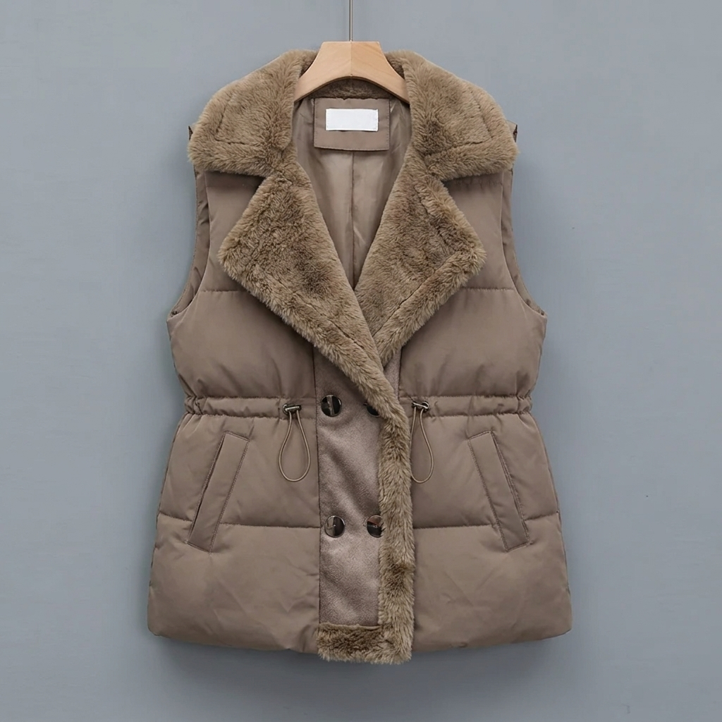 Khaki padded vest with plush collar and drawstring waist on a hanger