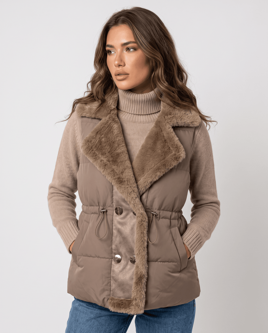 Women's Padded Vest – Plush Collar, Drawstring Waist & Button Front | Gwen