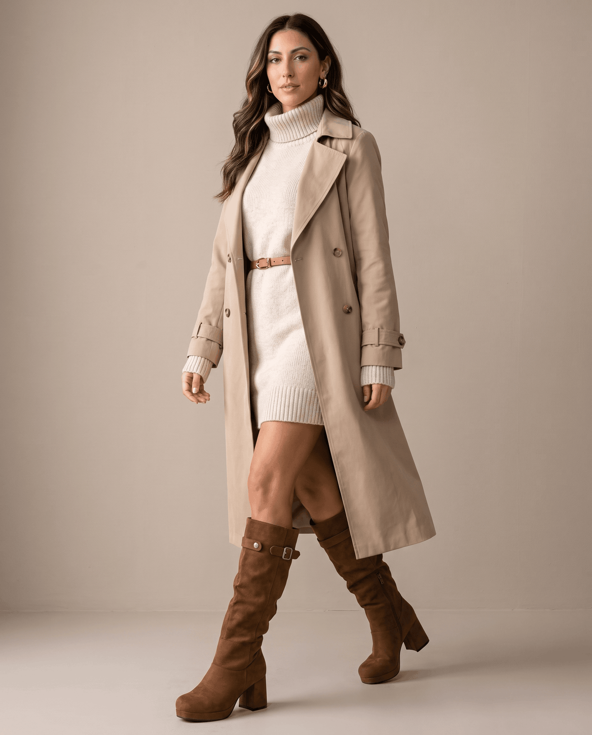 Woman in a beige trench coat and cream sweater dress wearing brown boots