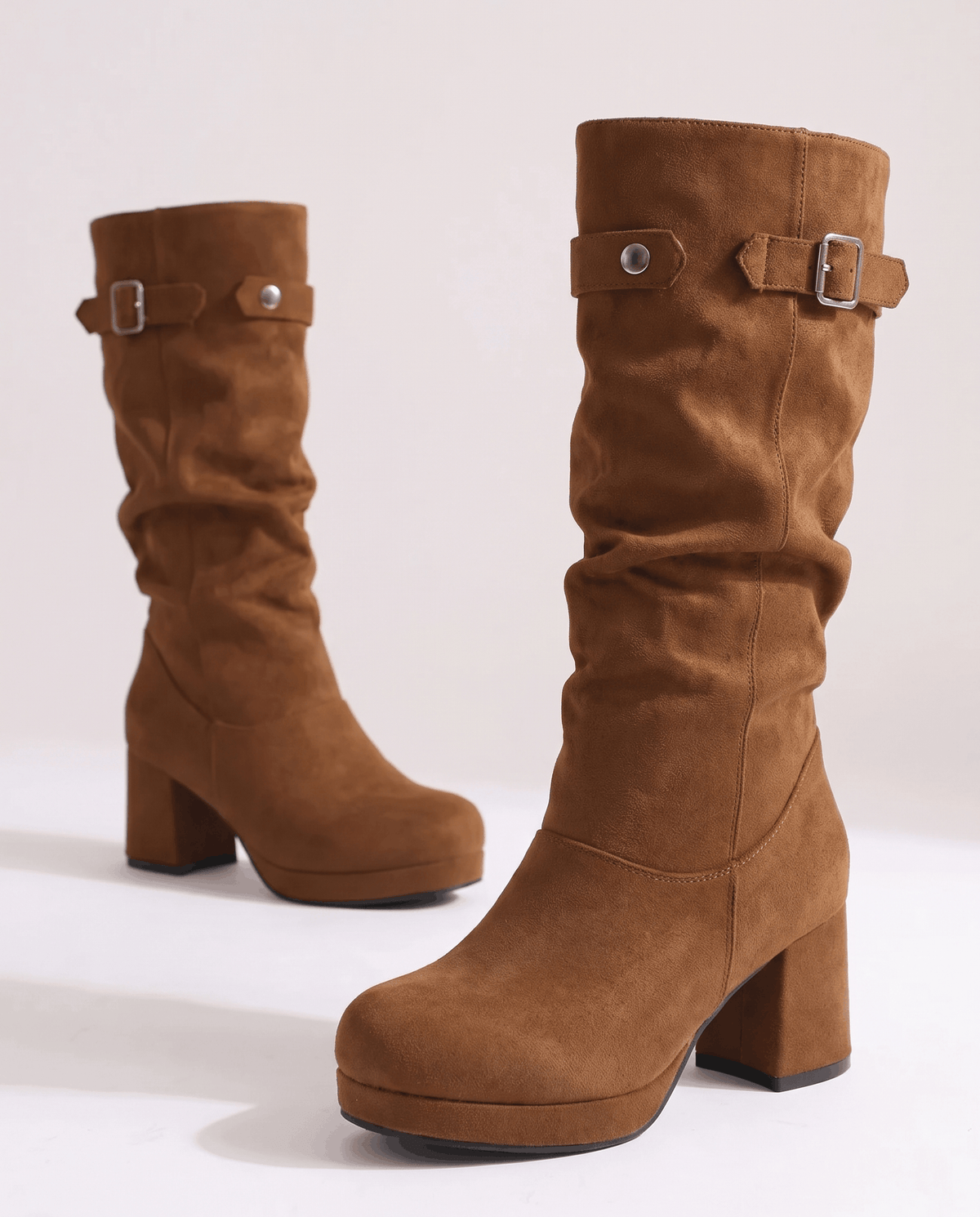 Brown pair angled to show the gathered shaft and platform sole