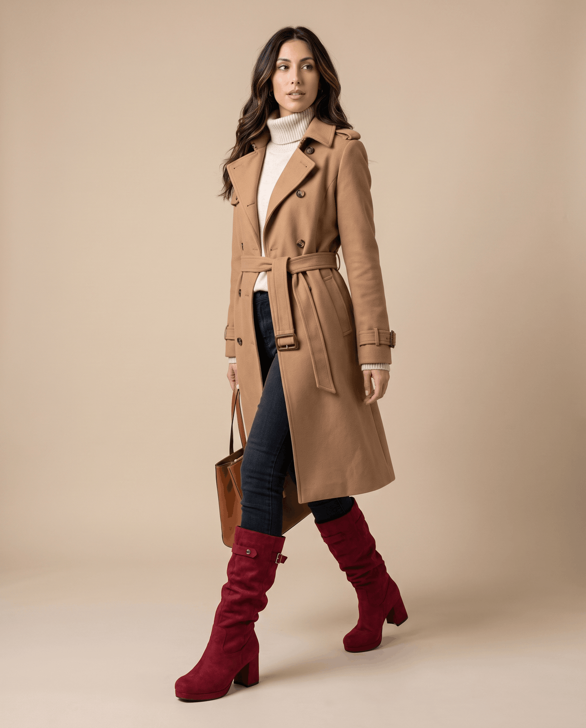 Woman in a camel trench coat and dark jeans styled with red slouch boots