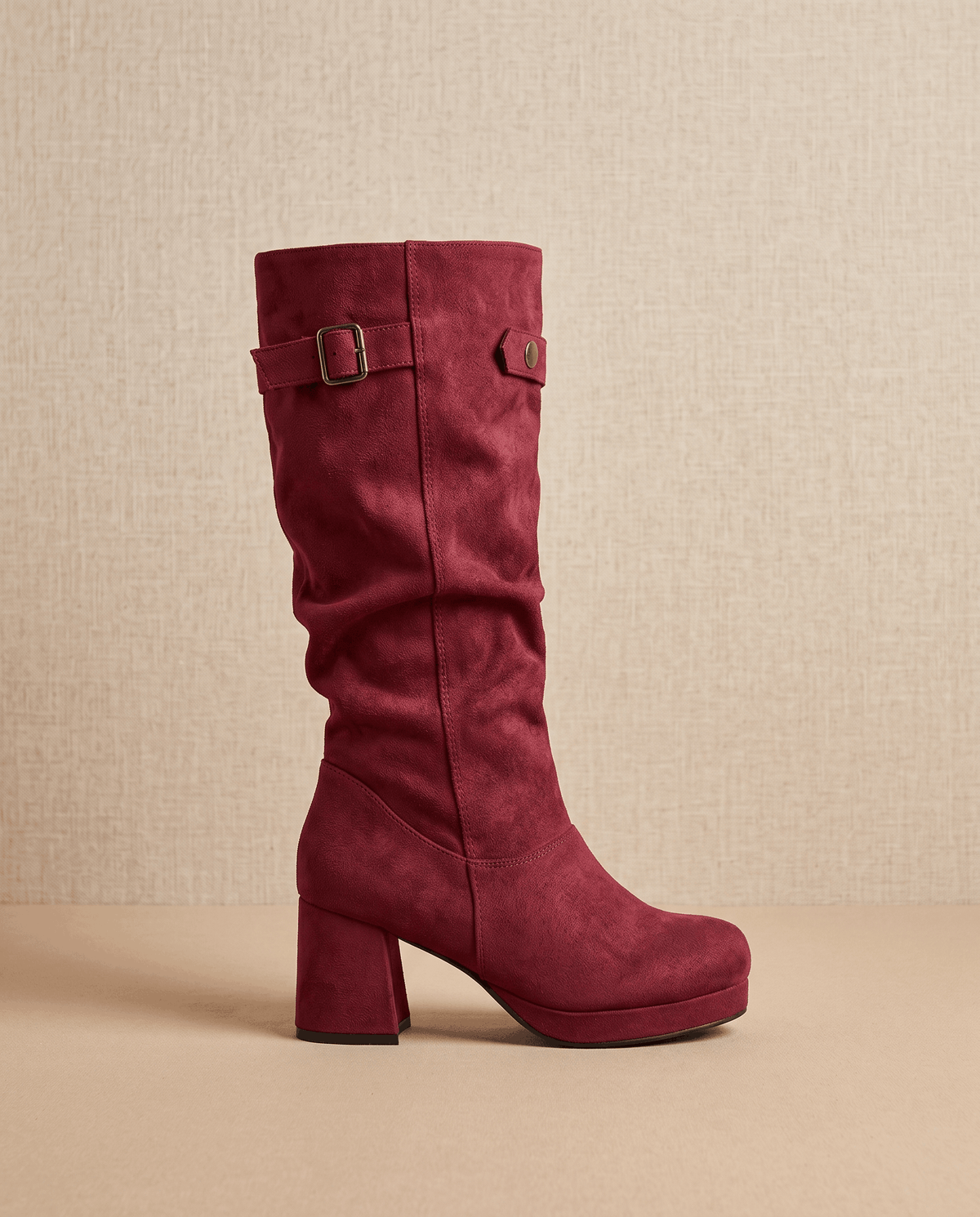 Single red boot in side profile showing the platform sole and block heel