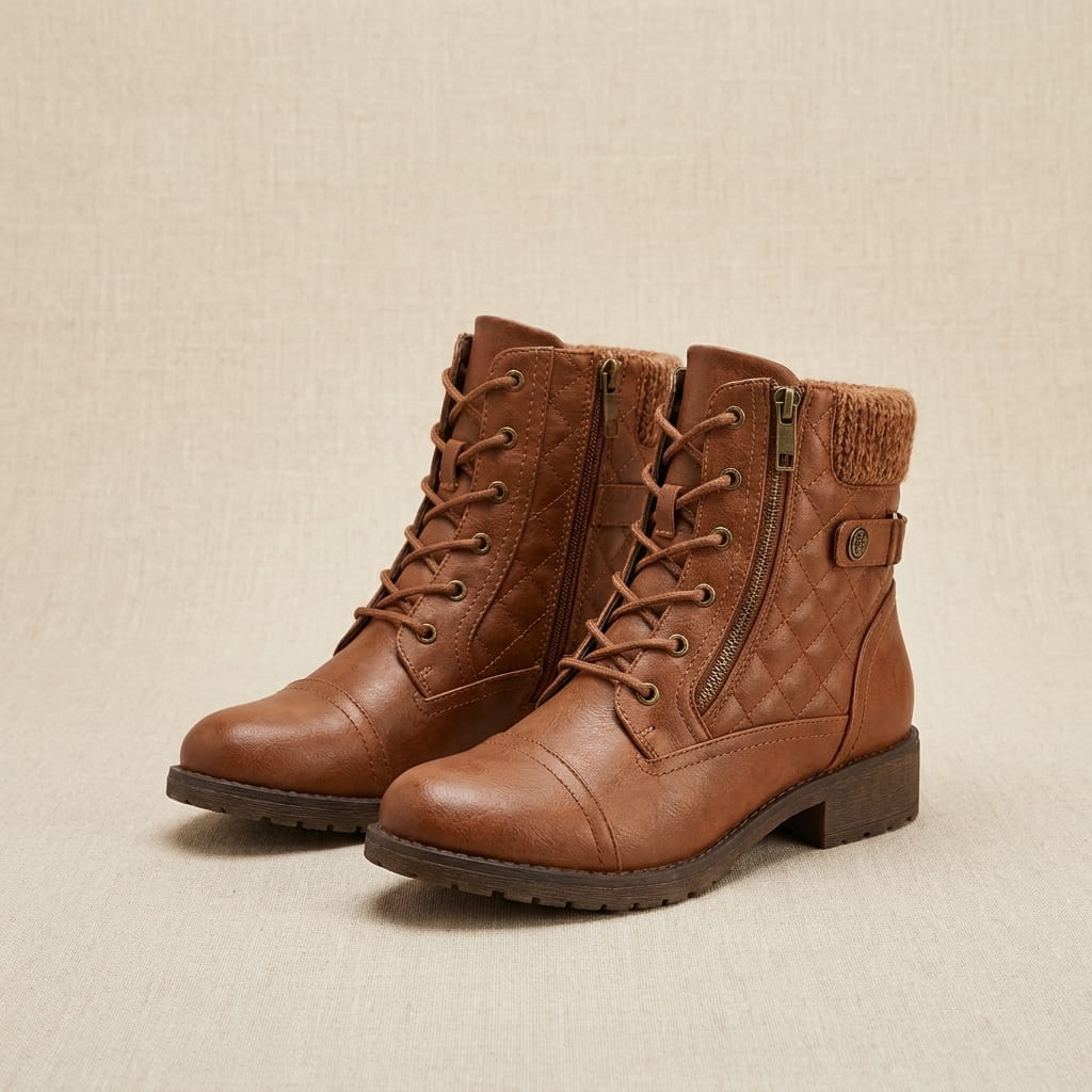 Pair of brown quilted vegan leather lace-up ankle boots with knit cuffs.