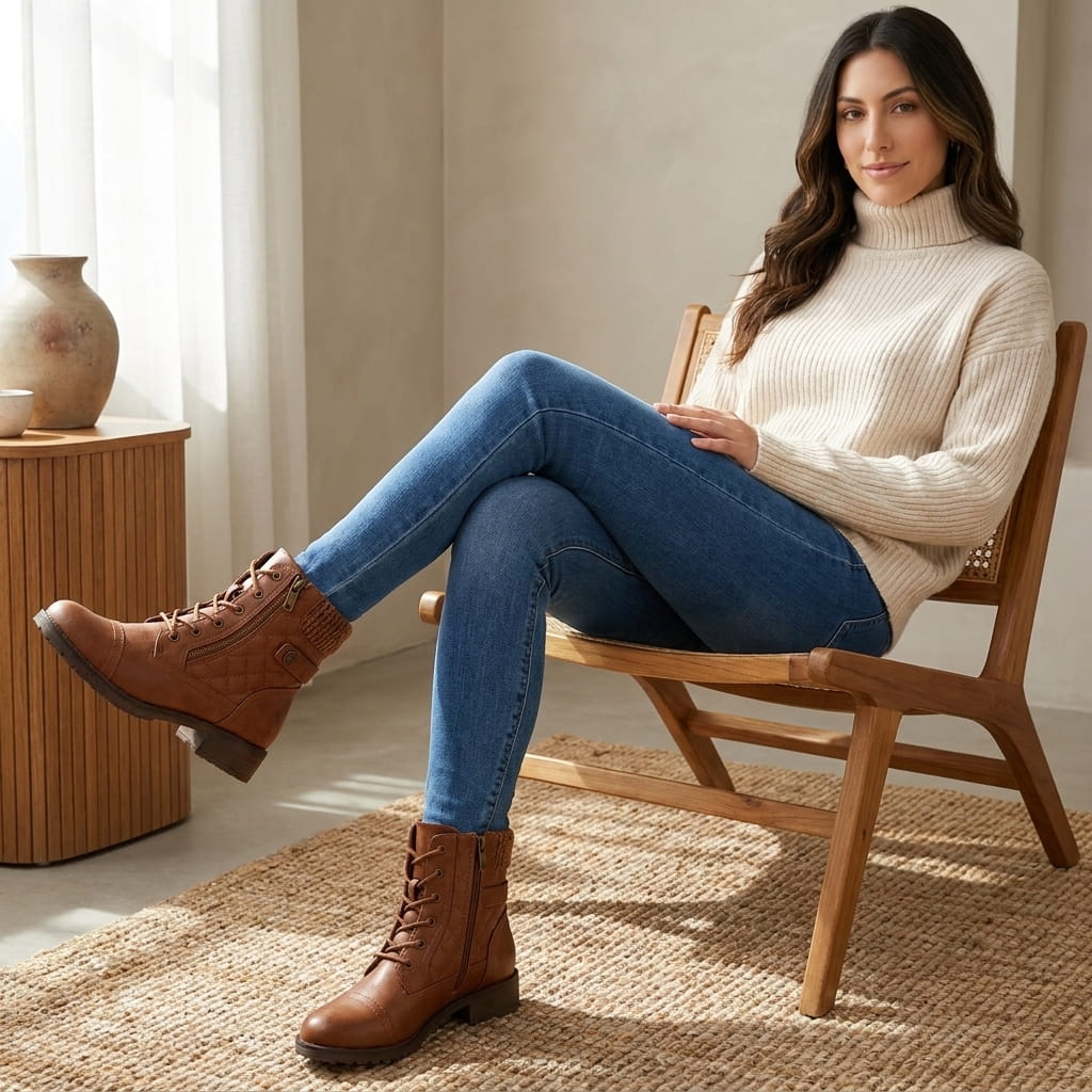 Woman seated wearing brown quilted vegan leather ankle boots with blue jeans.