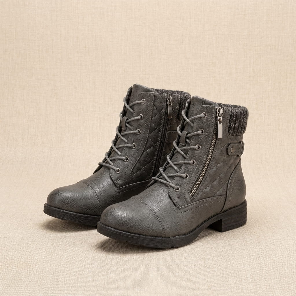 Pair of gray quilted vegan leather lace-up ankle boots with knit cuffs.
