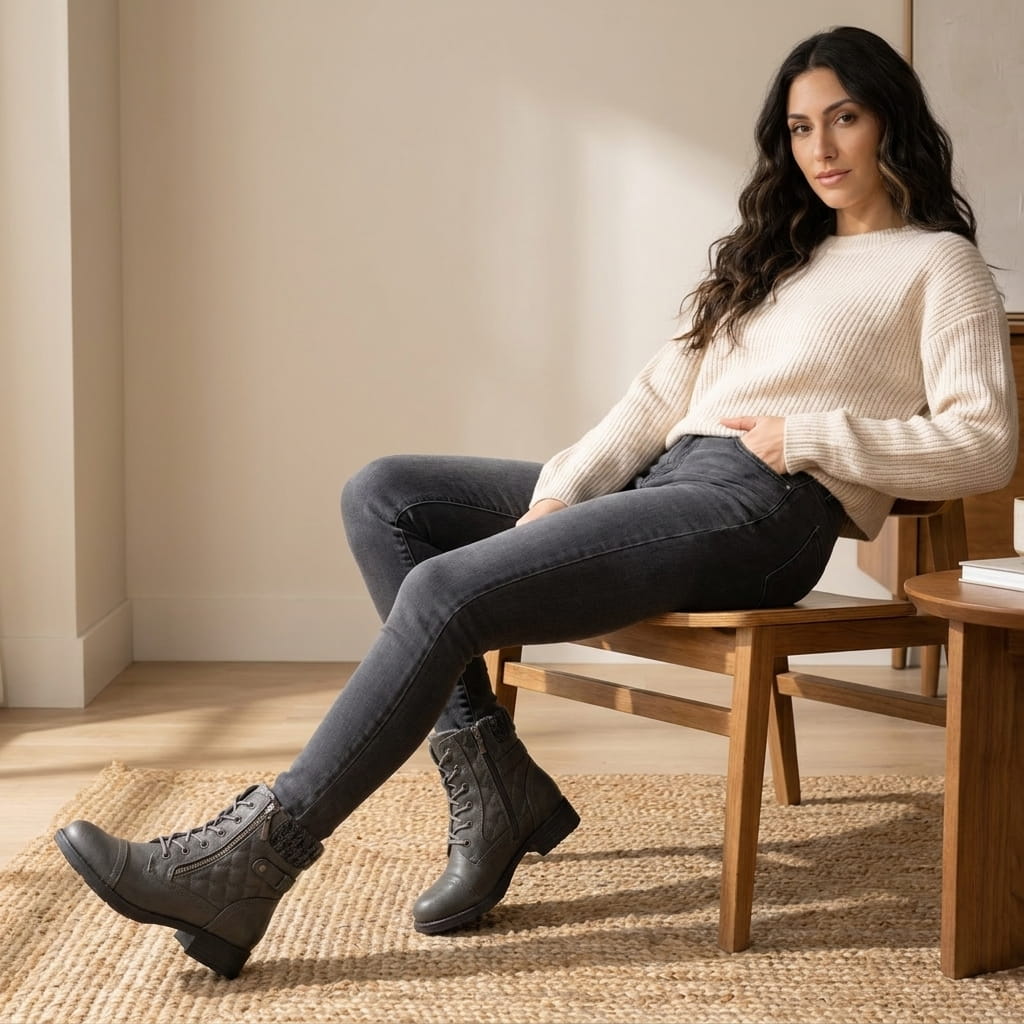 Woman seated wearing gray quilted vegan leather ankle boots with dark trousers.