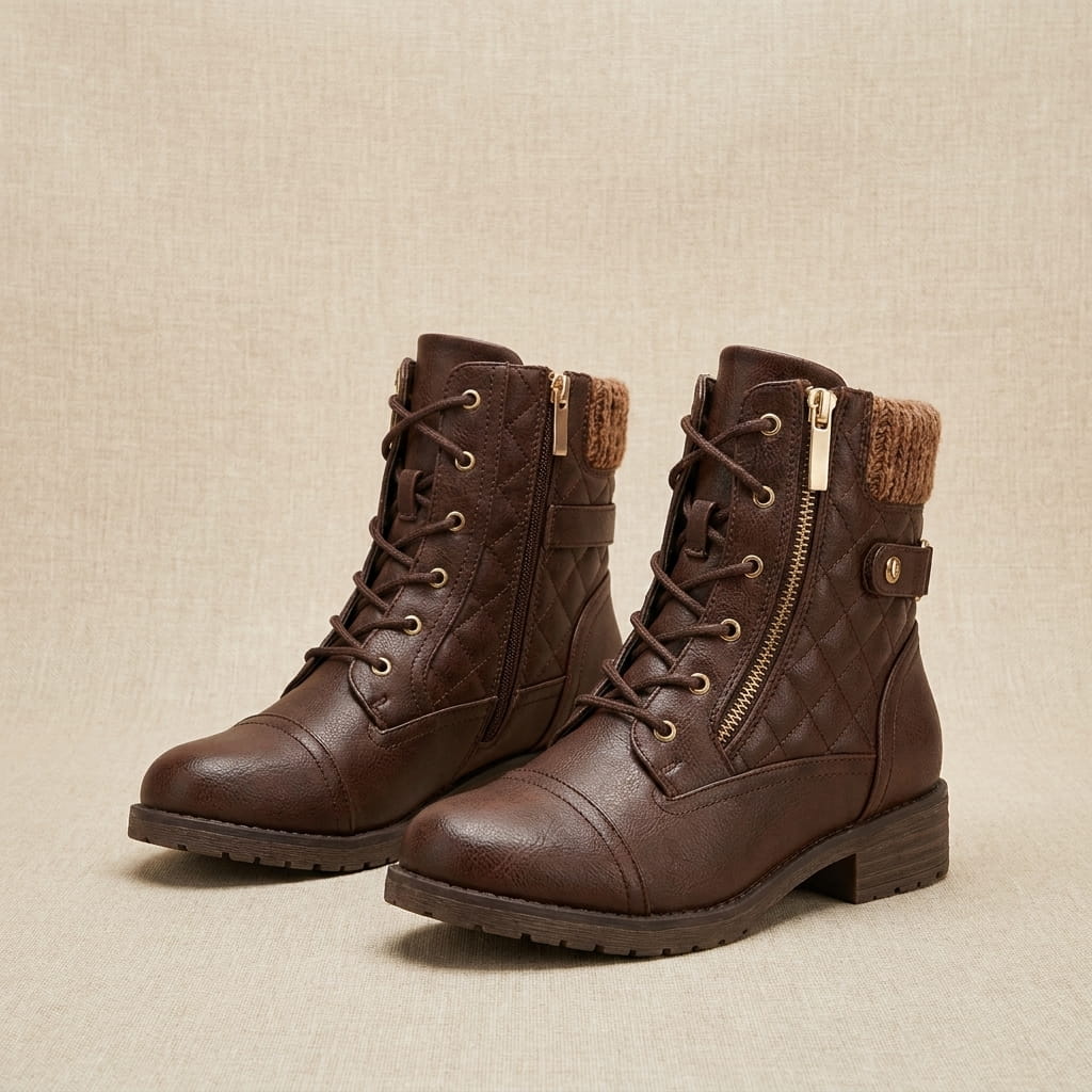 Dark brown quilted vegan leather lace-up ankle boots with diamond stitching.