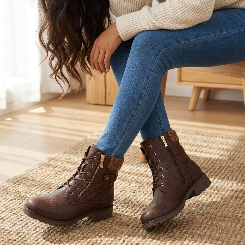 Woman wearing dark brown quilted vegan leather ankle boots with blue jeans.