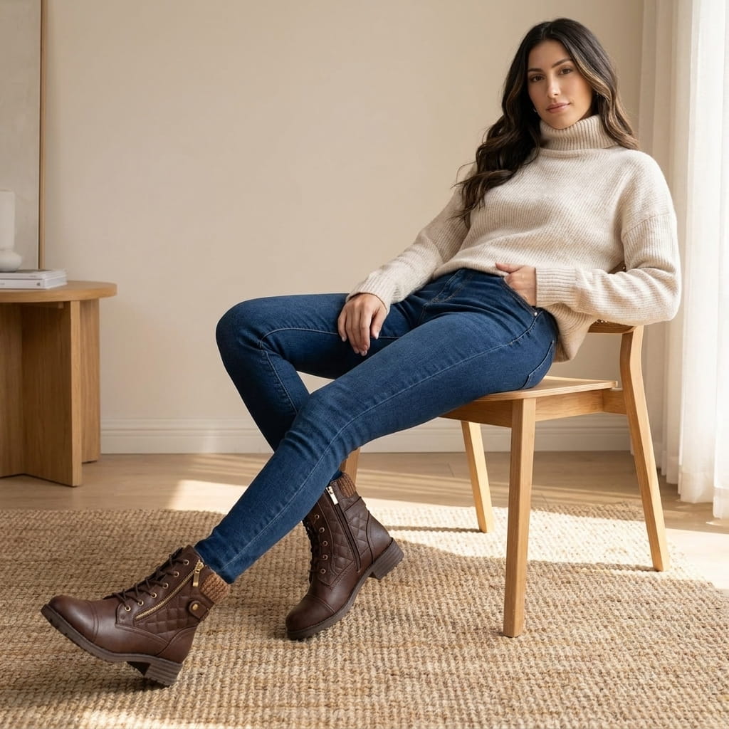 Woman seated on a chair wearing dark brown quilted vegan leather ankle boots.