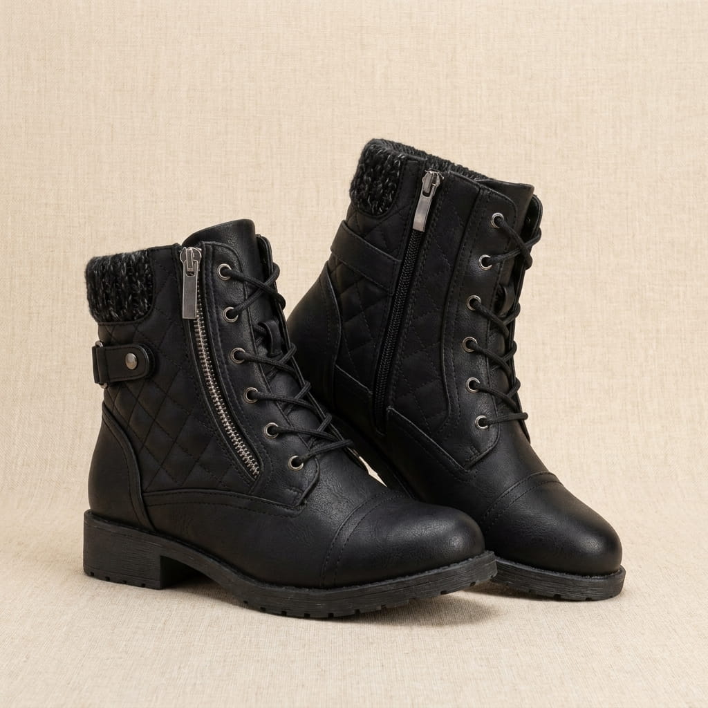 Pair of black quilted vegan leather lace-up ankle boots with block heels.