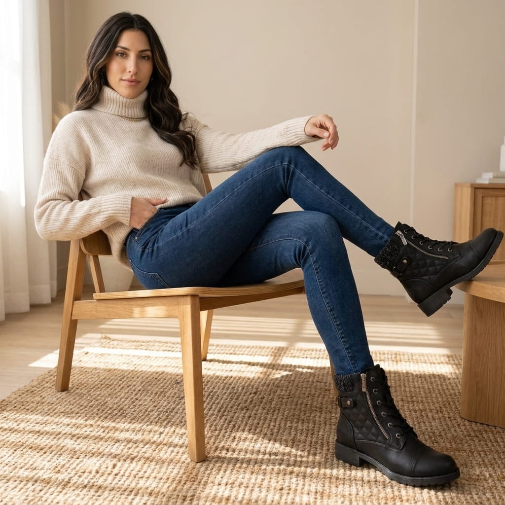 Woman seated on a chair wearing black quilted vegan leather ankle boots.