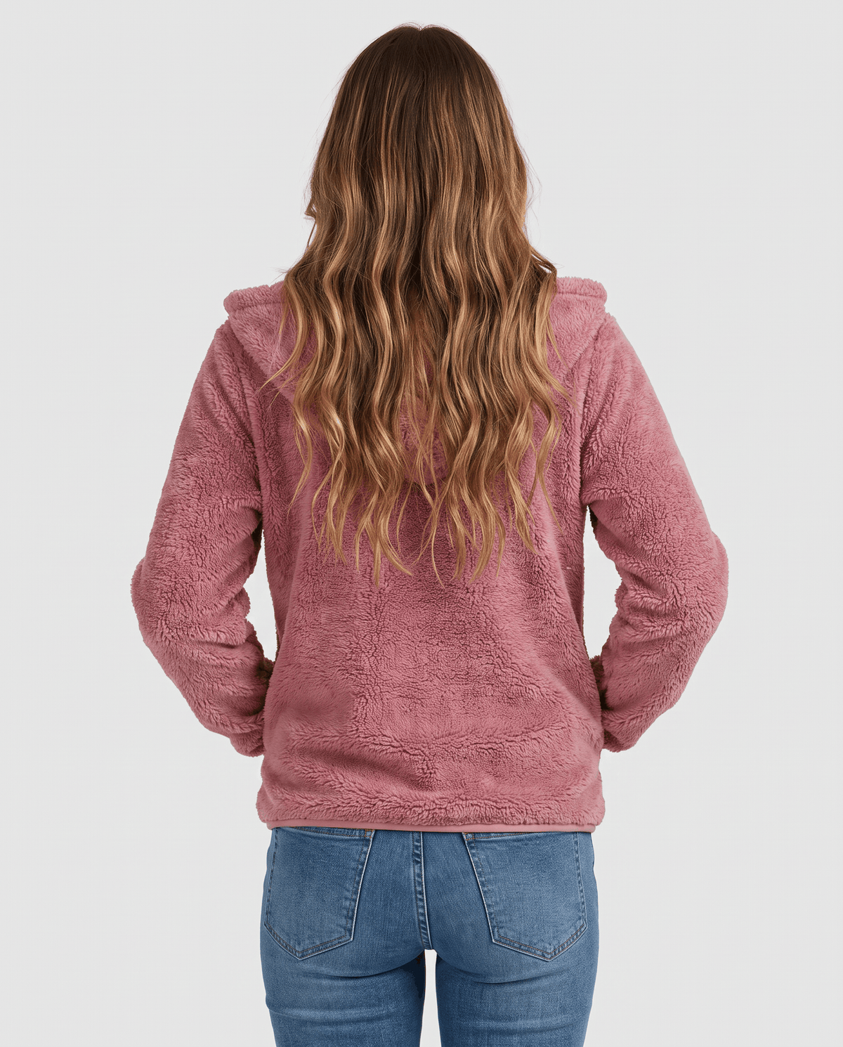 Back of dusty pink sherpa hoodie with long hair and a relaxed oversized fit